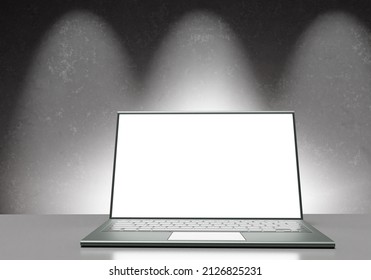 Laptop Mockup. Laptop Template With Blank Screen. Visualization Next To Wall. Portable Computer On Gray Background. Laptop Mockup For Software Demonstration. Copy Space On White. 3d Rendering.