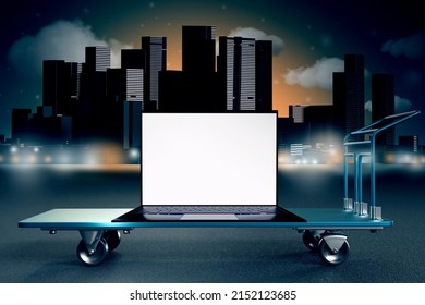 Laptop Model. Computer In Night City. Laptop With White Screen On Cart. Notebook Front Cityscape. Laptop Model For Software Demonstration. Warehouse Cart With Computer. Notebook For Ads. 3d Image.