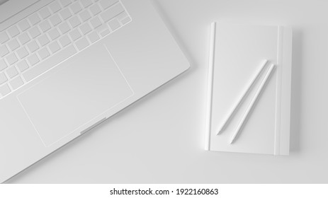 A Laptop, Notebook, And 2 Pens Are All White. 3D Scene