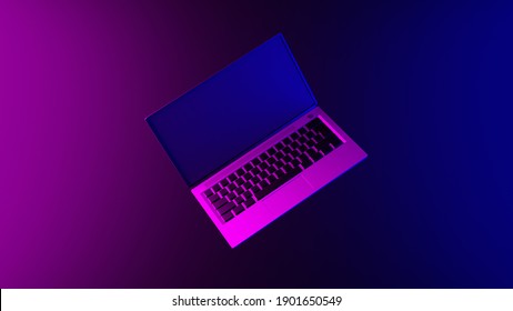 Laptop On An Abstract Light Effect Purple And Blue Wallpaper 3D Render. Horizontal Illustration Background.