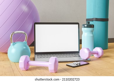 Laptop On The Floor Of A Gym With A Mobile Phone And Exercise Equipment. White Screen Mockup. Concept Of Exercise, Technology, Online Training, Web And Healthy Living. 3d Rendering