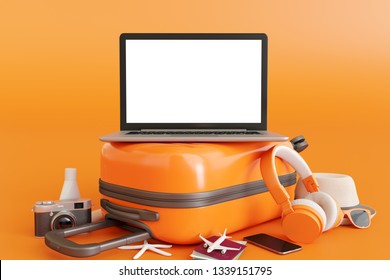 Laptop On Suitcase With Traveler Accessories On Orange Background. Travel Concept. 3d Rendering