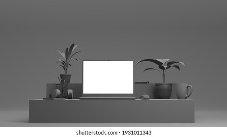 Laptop On Table With Blank Screen. Office Supplies Are Next To Notebook. Interior And Objects Are Monochromatic. This Is 3D Render.