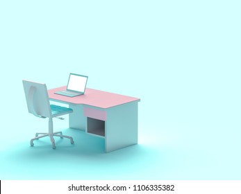 Laptop On Table And Chair Pastel Blue Color  With Copy Space For Your Text. Minimal Concept 3d Render.