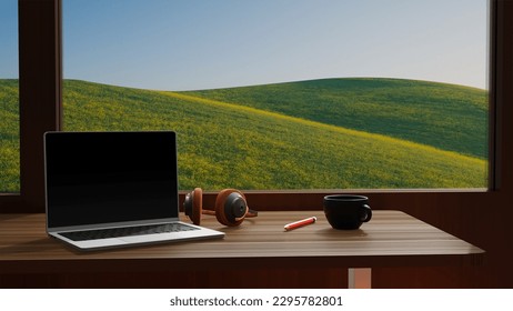 The Laptop on the table concept work from anywhere.