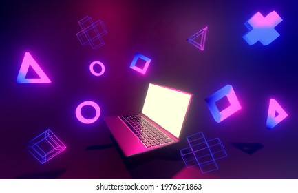 Laptop For Online Video Game On Colorful Neon Led Lights Background, 3d Rendering