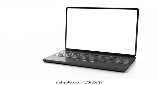 Laptop Open, Blank White Screen Isolated On White Background, Mockup, Template. 3d Illustration