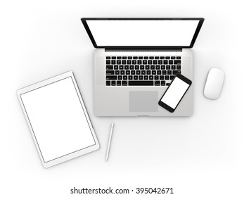 Laptop, phone, tablet and mouse with blank screen isolated on white background. Whole in focus.