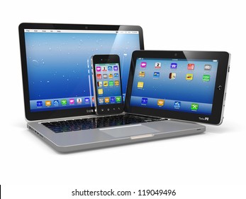 Laptop, Phone And Tablet Pc. Electronic Devices. 3d