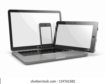 Laptop, Phone And Tablet Pc. Electronic Devices. 3d