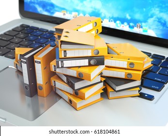 Laptop And Pile Of Ring Binders. Database, Archive, Computer Data Storage, Office Paperwork And Electronic Document Management Concept. 3d Illustration