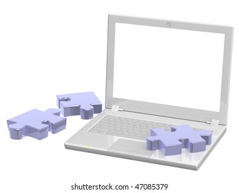 Laptop and puzzles - objects over white