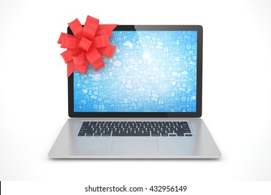 Laptop Red Bow Blue Screen 3d Stock Illustration 432956149