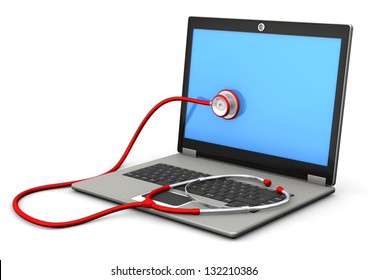 A Laptop With Red Stethoscope On The White Background.