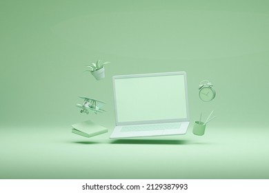 Laptop Screen With Book, Toy Airplane,clock And Aloe Vera Pot Floating In The Air. Concept Of Study, Online Education, Computer, Work On Green Color Background. 3d Render
