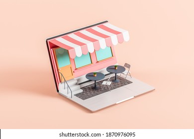 The Laptop Screen Has Turned Into A Cafe, Restaurant Or Pastry Shop. Awning Over The Front Door. Online Food Store Concept. Delivery. 3d Rendering