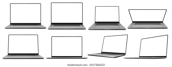 Laptop set with an empty screen in various configurations - different angles, perspectives, display settings. Isolated on a white background. 3d render