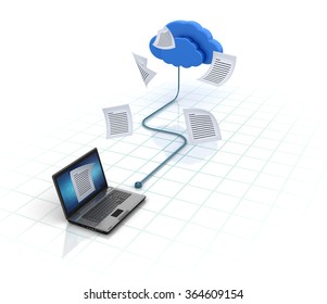 Laptop Sharing Documents with The Cloud -  Network Concept - High Quality 3D Render 
