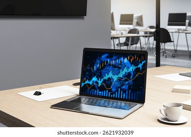 Laptop showing financial graphs on screen, modern realistic graphic style, office background, concept of business analysis and growth, 3D Rendering - Powered by Shutterstock - Get 15% off with code: PIKWIZARD15