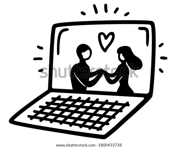 ノートパソコンには ロマンチックな映画や写真が映し出されます 男女が手をつないで愛し合う 落書き風の手描きのイラスト 白い背景に黒い輪郭 の イラスト素材