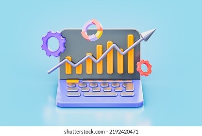 Laptop Sign With Gear Pie Chart Bar 3d Render Concept For Online Sales Growth Data Analyze