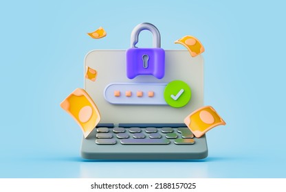 Laptop Sign With Lock Cash Checkmark 3d Render Concept For Online Secure Payment Method Success