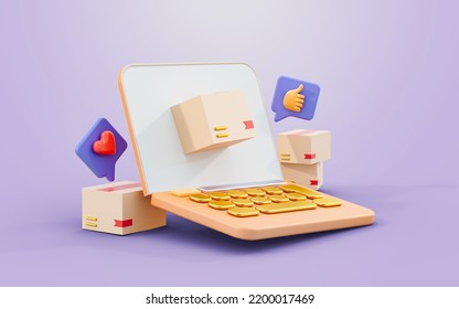 Laptop Sign With Parcel Box Like Love Emoji 3d Render Concept For Online Product Reviews Feedback