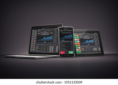 Laptop, Smartphone Ant Tablet Pc With Stock Trader Application, Graphs And Diagrams On Screen On Black Background. Stock Exchange Market Concept. 3d Illustration