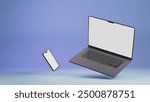 Laptop and smartphone isolated on purple and blue gradient background. 3D rendering of laptop with copy space. Side view of notebook and phone, blank white screen for your text