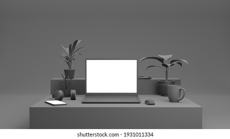 Laptop And Smartphone On Table With Blank Screens. Office Supplies Are Next To Notebook And Phone. Interior And Objects Are Monochromatic. This Is 3D Render.