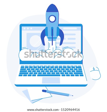 Laptop startup. Web creative strategy success launch rocket logo, business solutions. Business internet startups rocket launching, websites innovation investment flat  illustration