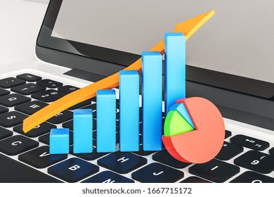 Laptop With Stock Chart And Other Items On Table.  Finance And Trade Concept. Close Up, 3D Rendering