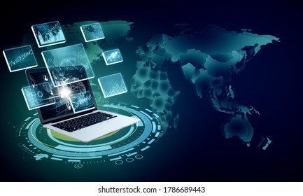 Laptop With Stock Chart And Remote Work Interface. Remote Access Chain Communication Concept. 3D Rendering