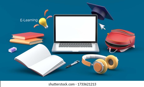 The laptop is surrounded by school supplies on a blue background.-3d rendering.
 - Powered by Shutterstock