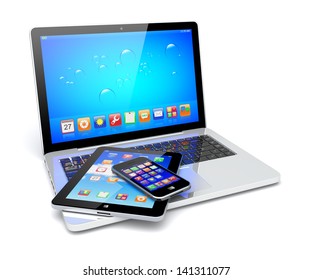 Laptop, tablet pc computer and mobile smartphone with a blue background and colorful apps on a screen. Isolated on a white. 3d image 	 - Powered by Shutterstock