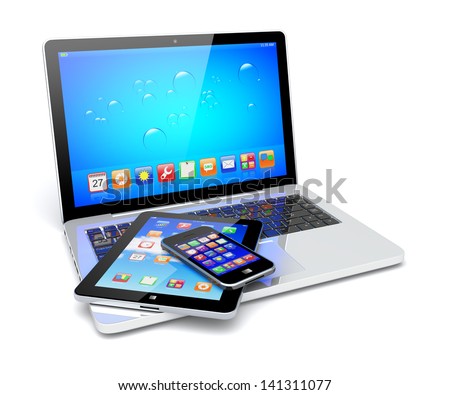 Laptop, tablet pc computer and mobile smartphone with a blue background and colorful apps on a screen. Isolated on a white. 3d image 	