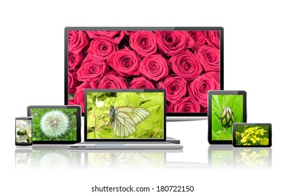 Laptop, Tablet Pc, Mobile Phone, TV And Navigator With Flower  Wallpaper Are Shown In The Image.