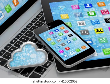 laptop, tablet pc, smart phone and cloud. 3d rendering.