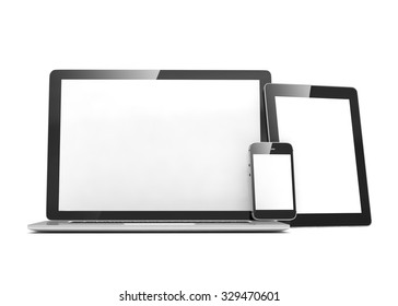 Laptop, Tablet, Phone, On White