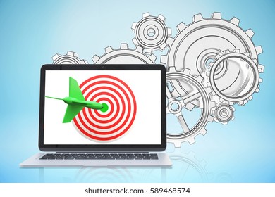 Laptop With Target And Dart On Screen And Steel Cogwheels On Light Bluebackground. Targeting Concept. 3D Rendering