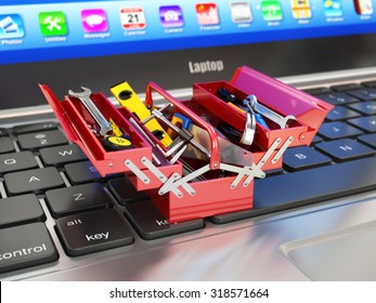 Laptop And Toolbox With Tools. Online Support. 3d