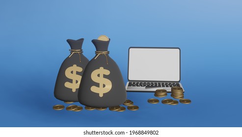 A Laptop And Two Money Bags 3d Illustration
