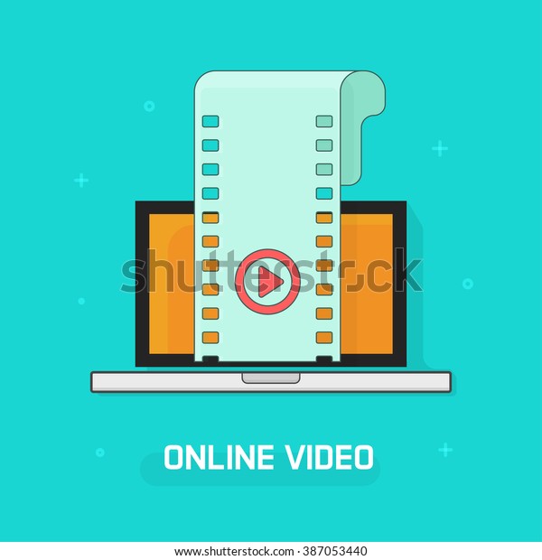Laptop with video film strip, play button\
illustration, concept of online video content, video streaming\
service, computer smart tech, video player modern linear outline\
design isolated on blue\
image