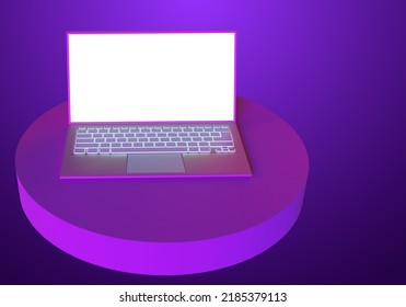 Laptop White Screen. Mockup Computer. Visualization Of Laptop On Purple. Laptop For Software Demonstration. Space For Software On Screen. Mockup Gadget. IT Template For Advertising. 3d Rendering.