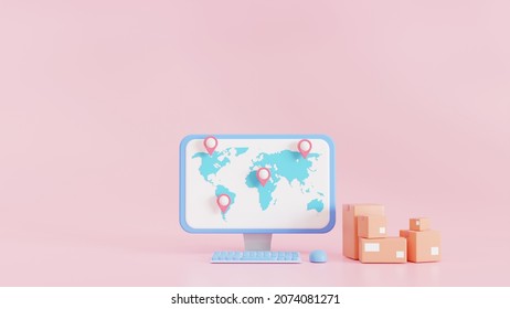 Laptop with the world map cardboard box with an app for online shopping, world map background, and Worldwide delivery tracking. 3D illustration - Powered by Shutterstock