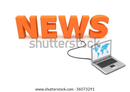 laptop with worldmap connected to the orange 3D word NEWS