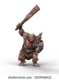 Large Aggressive Ogre In A Battle Pose With A Huge Club Weapon. 3D Illustration Isolated On A White Background.