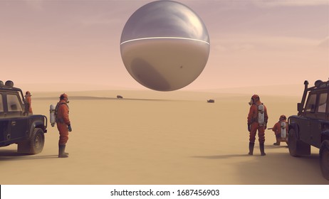 Large Alien Silver Orb Sphere With Glowing Strip Floating Above A Hard Desert With People In Hazmat Suits Observing It 3d Illustration 3d Render