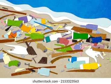 A Large Amount Of Marine Debris Washed Up On The Beach. Paper Craft.