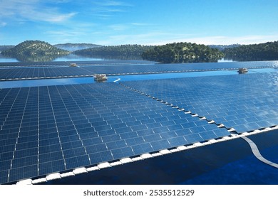 A large array of floating solar panels on a tranquil lake, surrounded by green hills under a clear blue sky. This image highlights renewable energy solutions integrated  into a natural landscape.